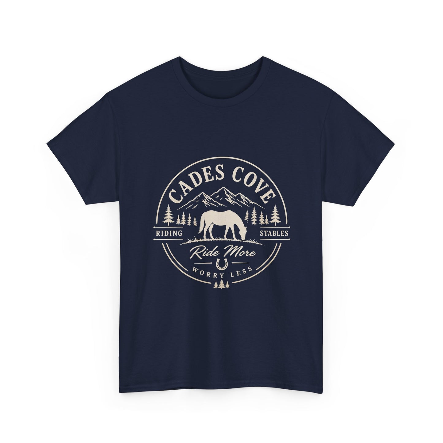 Cades Cove Riding Stables Ride More Worry Less T-Shirt – Adult Horse Mountain Tee