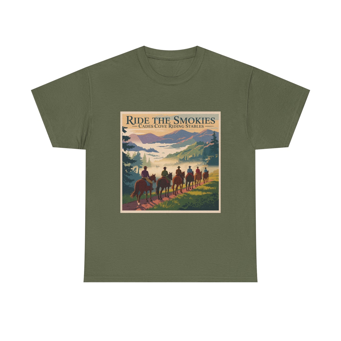 Ride the Smokies T-Shirt – Cades Cove Riding Stables Smoky Mountains Horseback Adventure Tee