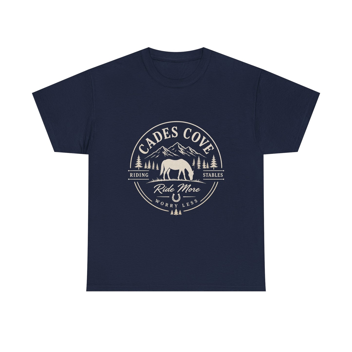 Cades Cove Riding Stables Ride More Worry Less T-Shirt – Adult Horse Mountain Tee