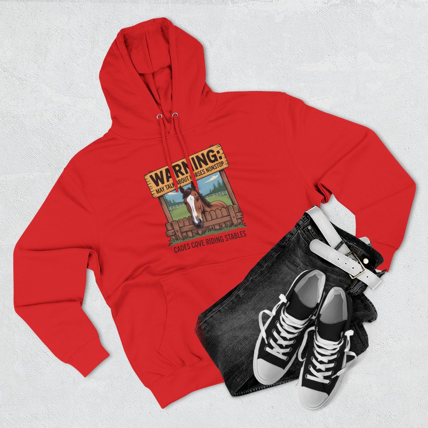 Warning May Talk About Horses Nonstop Adult Jacket – Cades Cove Riding Stables Three-Panel Fleece Hoodie