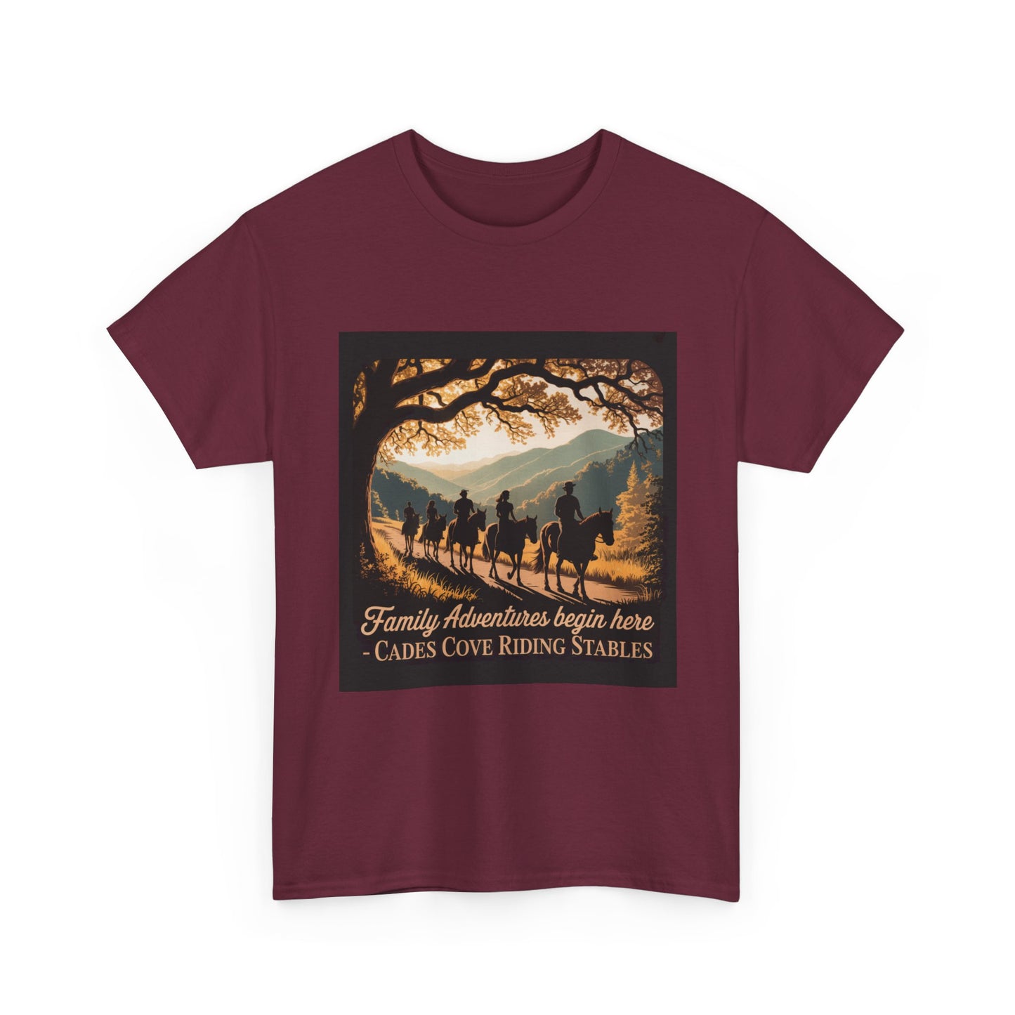 Family Horseback Adventures at Cades Cove Riding Stables T-Shirt – Smoky Mountains Souvenir Tee