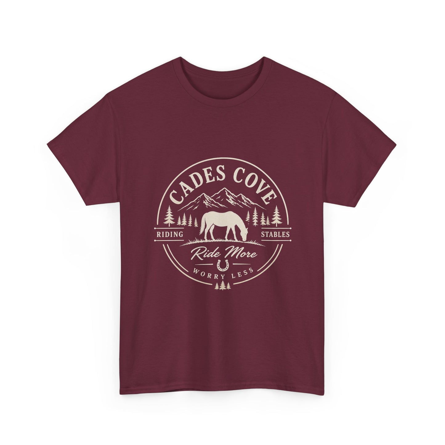 Cades Cove Riding Stables Ride More Worry Less T-Shirt – Adult Horse Mountain Tee