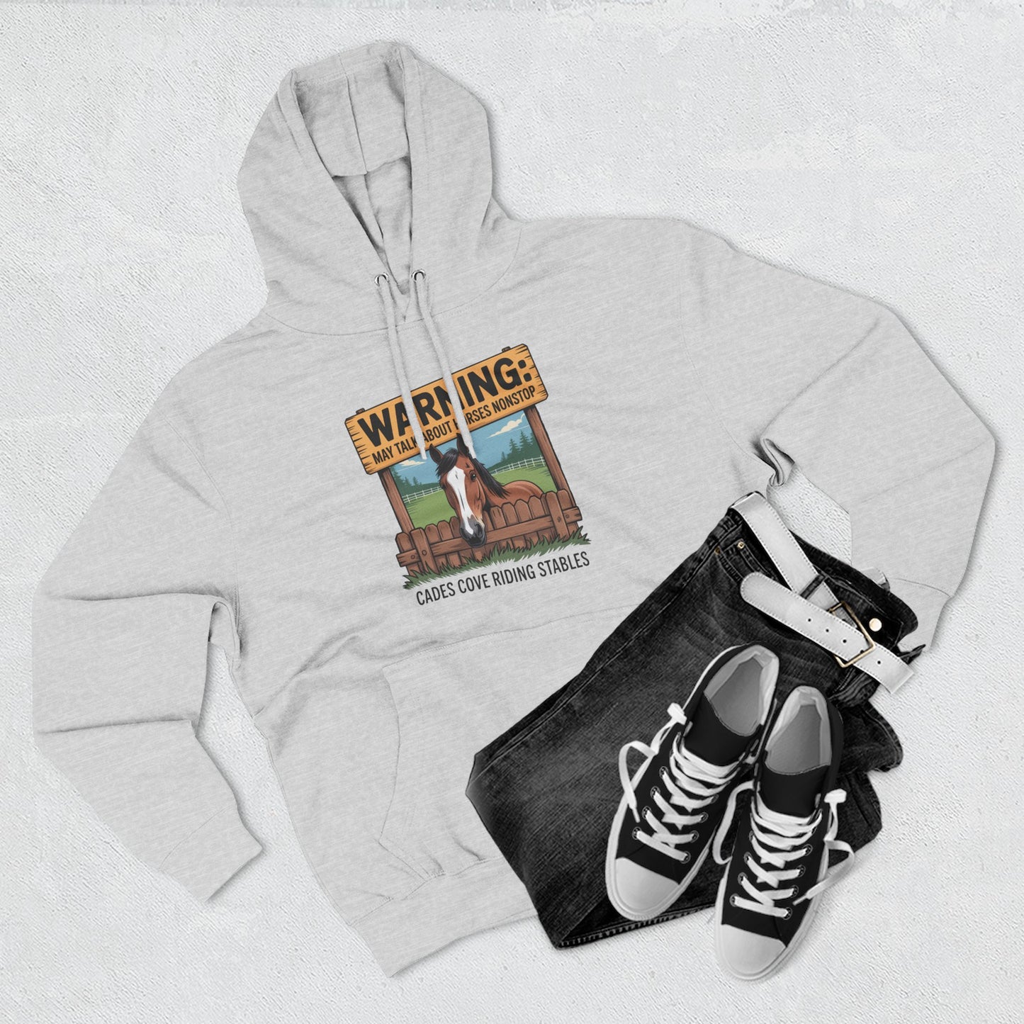 Warning May Talk About Horses Nonstop Adult Jacket – Cades Cove Riding Stables Three-Panel Fleece Hoodie