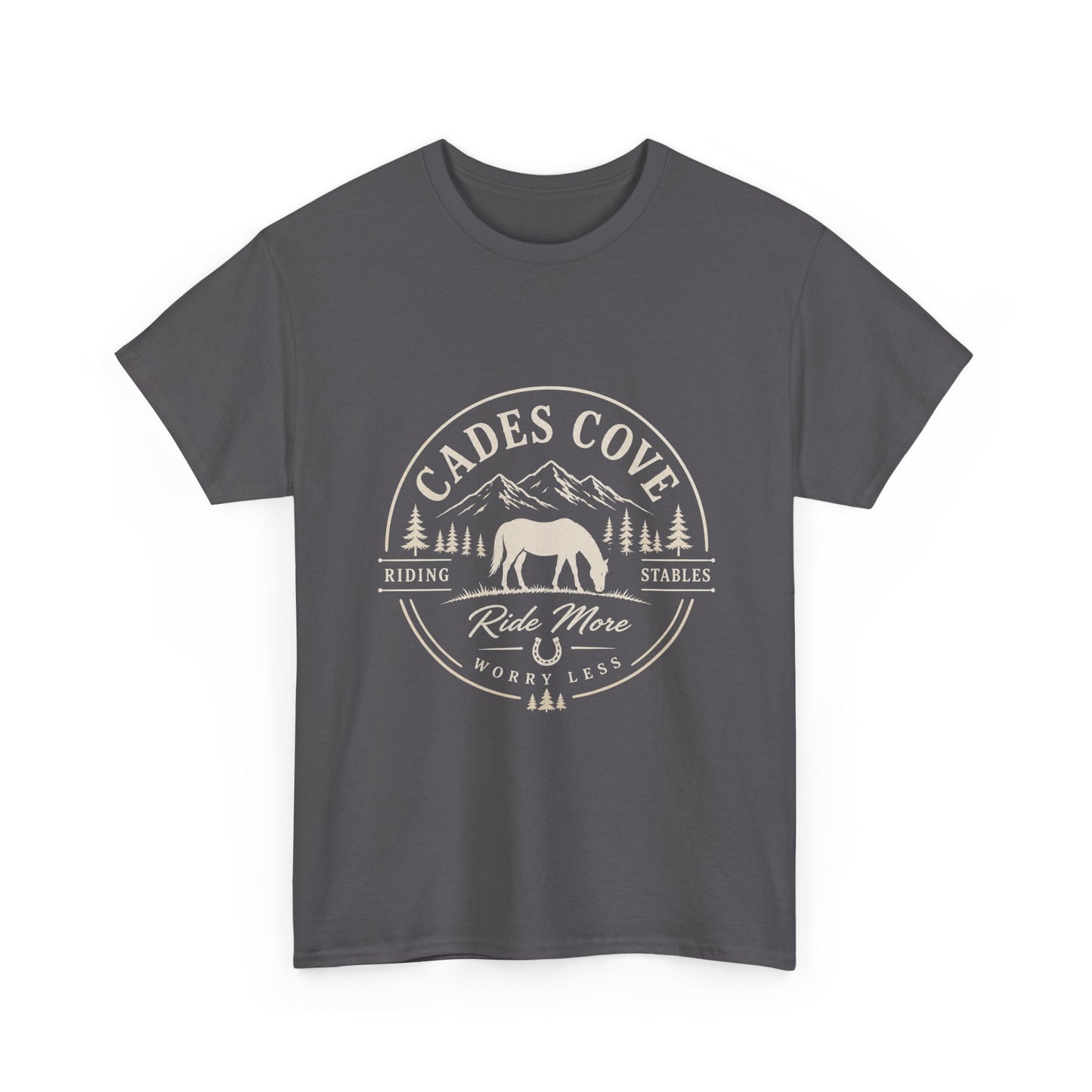 Cades Cove Riding Stables Ride More Worry Less T-Shirt – Adult Horse Mountain Tee
