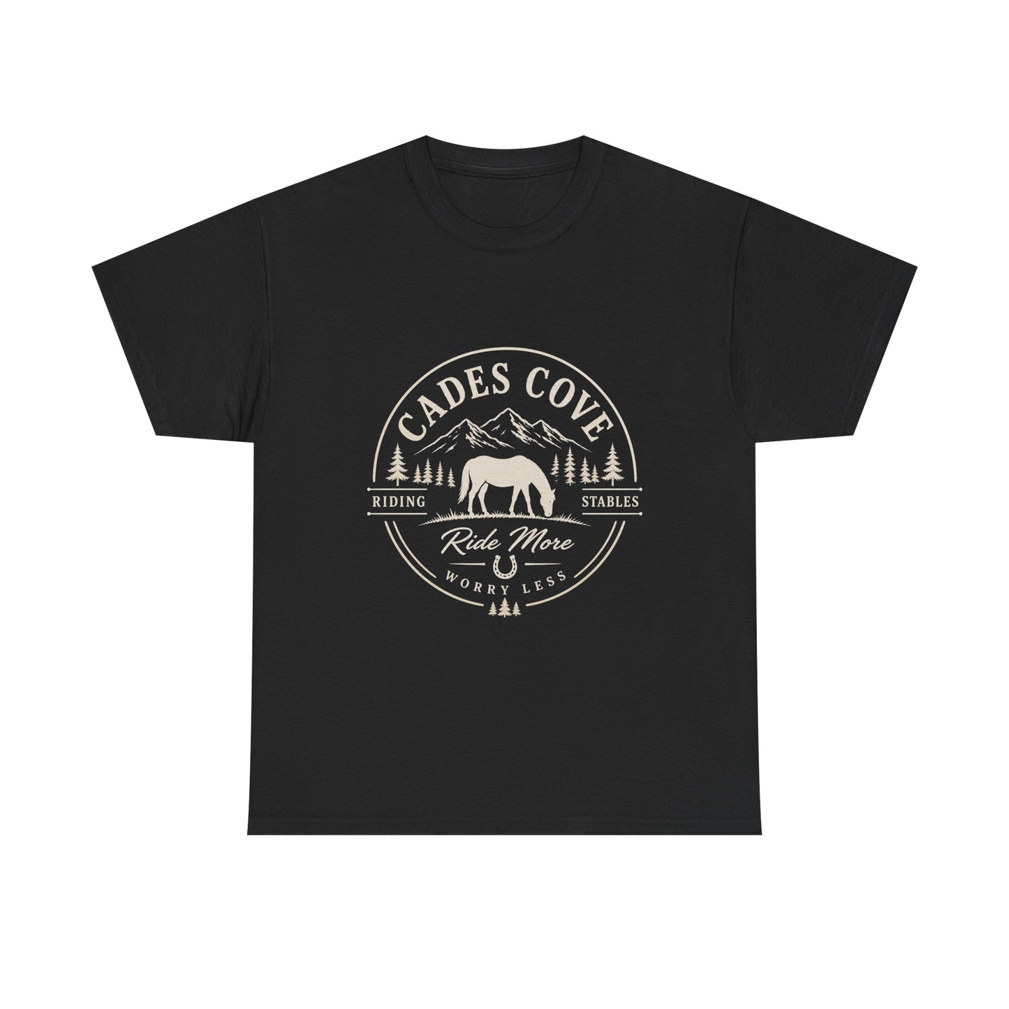 Cades Cove Riding Stables Ride More Worry Less T-Shirt – Adult Horse Mountain Tee