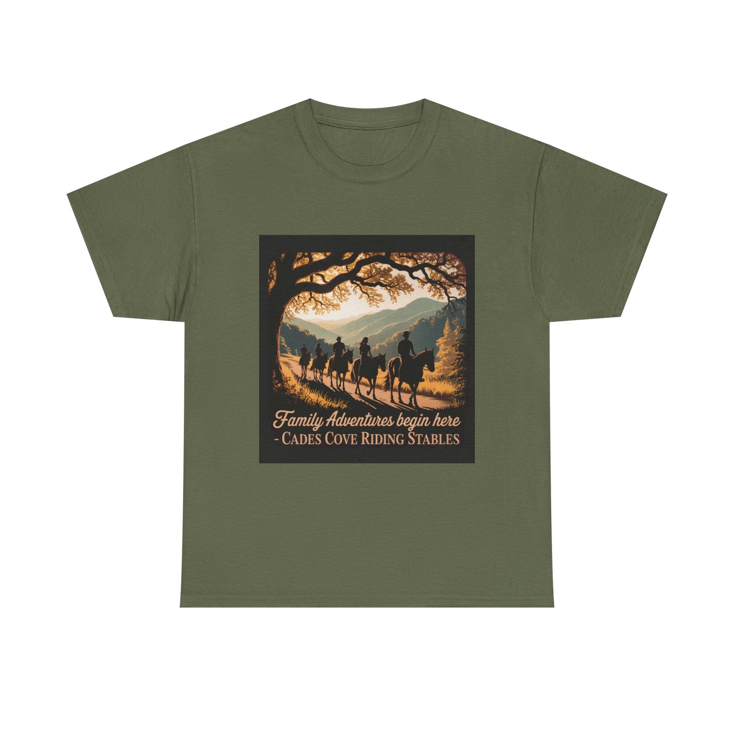 Family Horseback Adventures at Cades Cove Riding Stables T-Shirt – Smoky Mountains Souvenir Tee