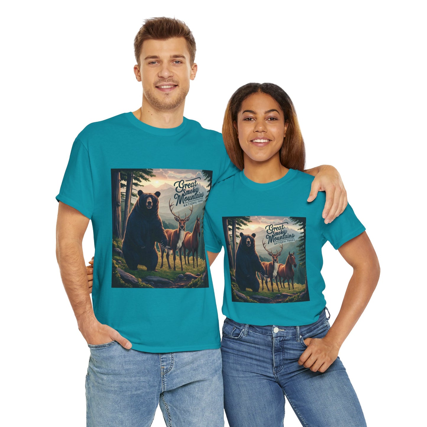 Great Smoky Mountains National Park Bear Deer and Horse Unisex Heavy Cotton Tee