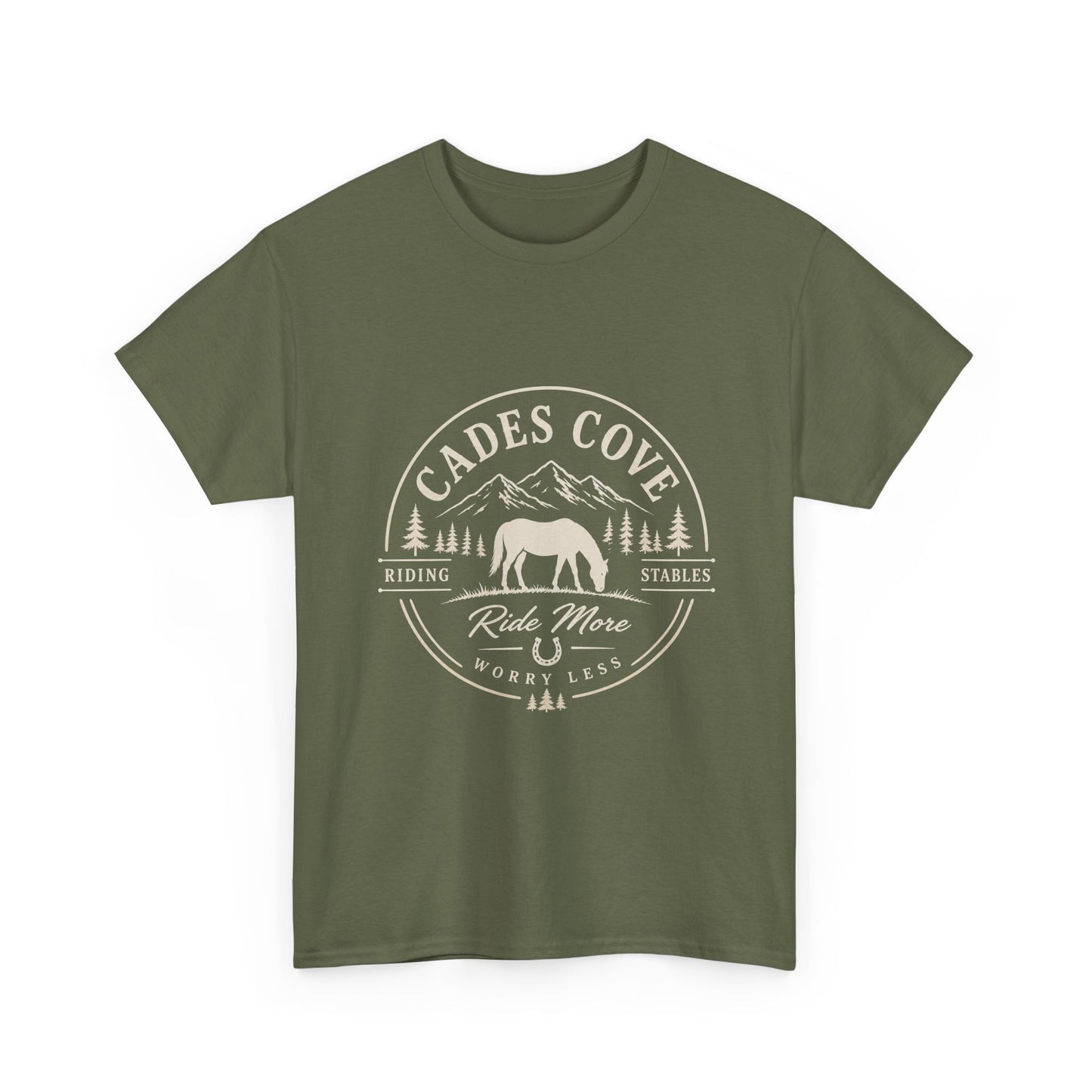 Cades Cove Riding Stables Ride More Worry Less T-Shirt – Adult Horse Mountain Tee