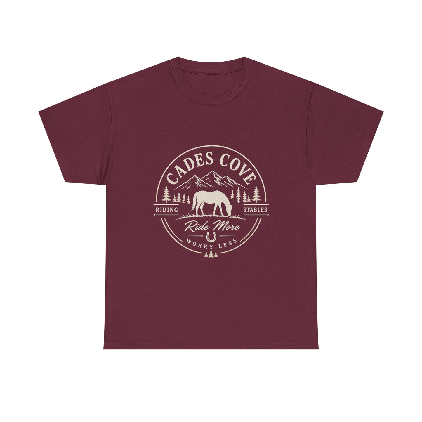 Cades Cove Riding Stables Ride More Worry Less T-Shirt – Adult Horse Mountain Tee